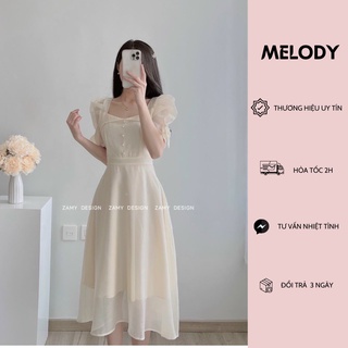 Đầm dự tiệc, váy thiết kế cổ vuông tay bồng đính nơ dáng xòe dài cho nữ đi chơi, dự tiệc, chụp kỷ yếu