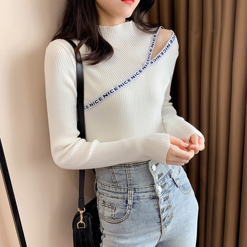 Áo Dệt Kim Cổ Cao Dáng Ôm In Chữ Màu Trơn Thời Trang