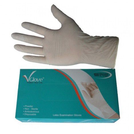 Găng tay cao su y tế màu trắng Vglove chính hãng, làm từ latex không gây kích ứng da. Hộp 100 găng tay y tế có bột