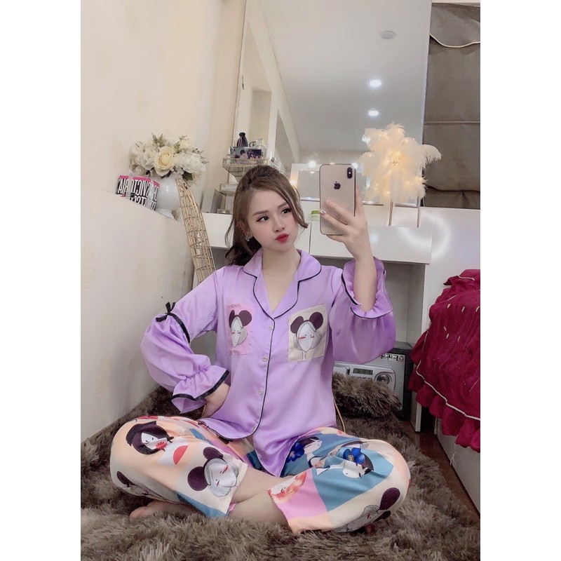 Bộ Pijama Lụa Satin Cô Gái Dài Tay | BigBuy360 - bigbuy360.vn