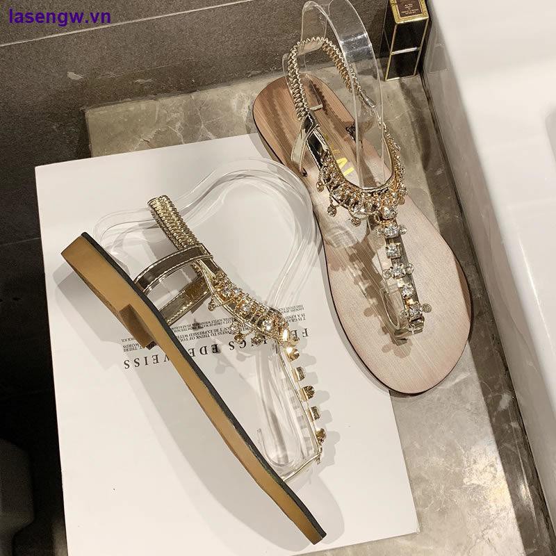 Giày sandal xỏ ngón đế bằng đính đá phong cách La Mã thời trang đi biển cho học sinh