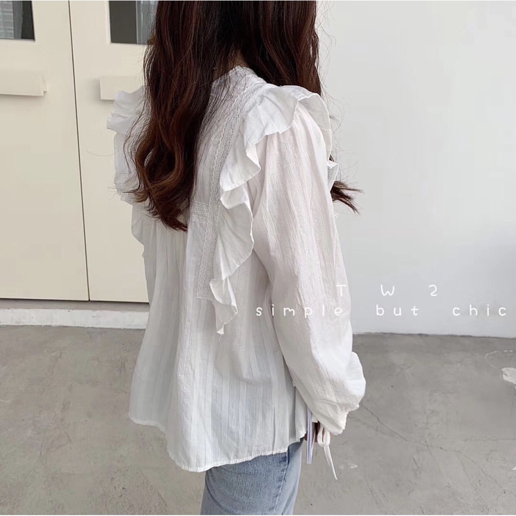 Áo sơ mi babydoll ren bèo vai thắt nơ tay - Áo sơ mi babydoll ren ngực siêu xinh