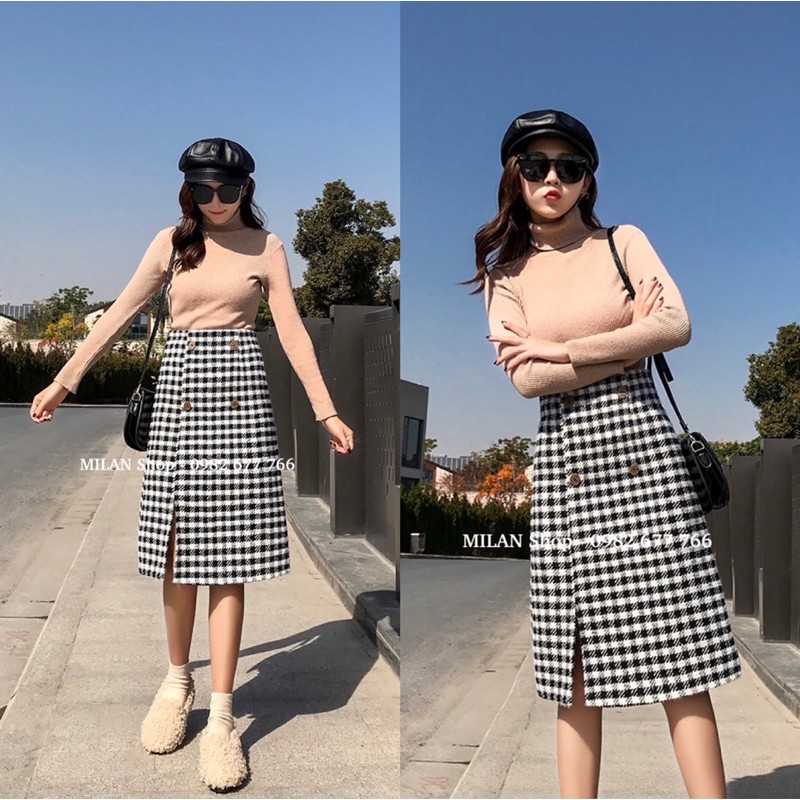 Chân váy dạ dài qua gối kẻ caro 4 khuy thời trang | BigBuy360 - bigbuy360.vn