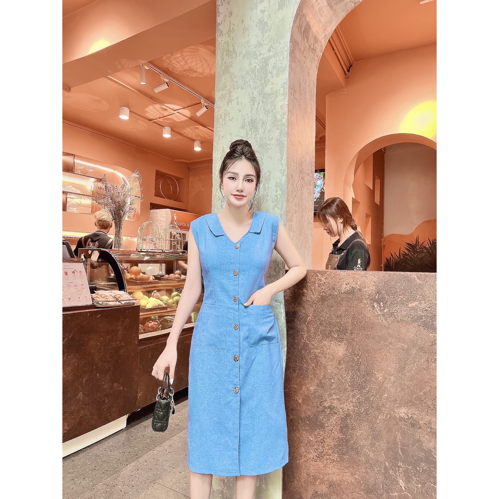 ĐẦM SUÔN LINEN 2 TÚI PHỐI NÚT– M012