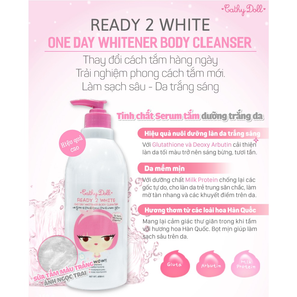 [Mã LTP50 giảm 50000 đơn 150000] Sữa Tắm Trắng Da Cathy Doll Ready 2 White One Day Whitener Body Cleanser 500ML