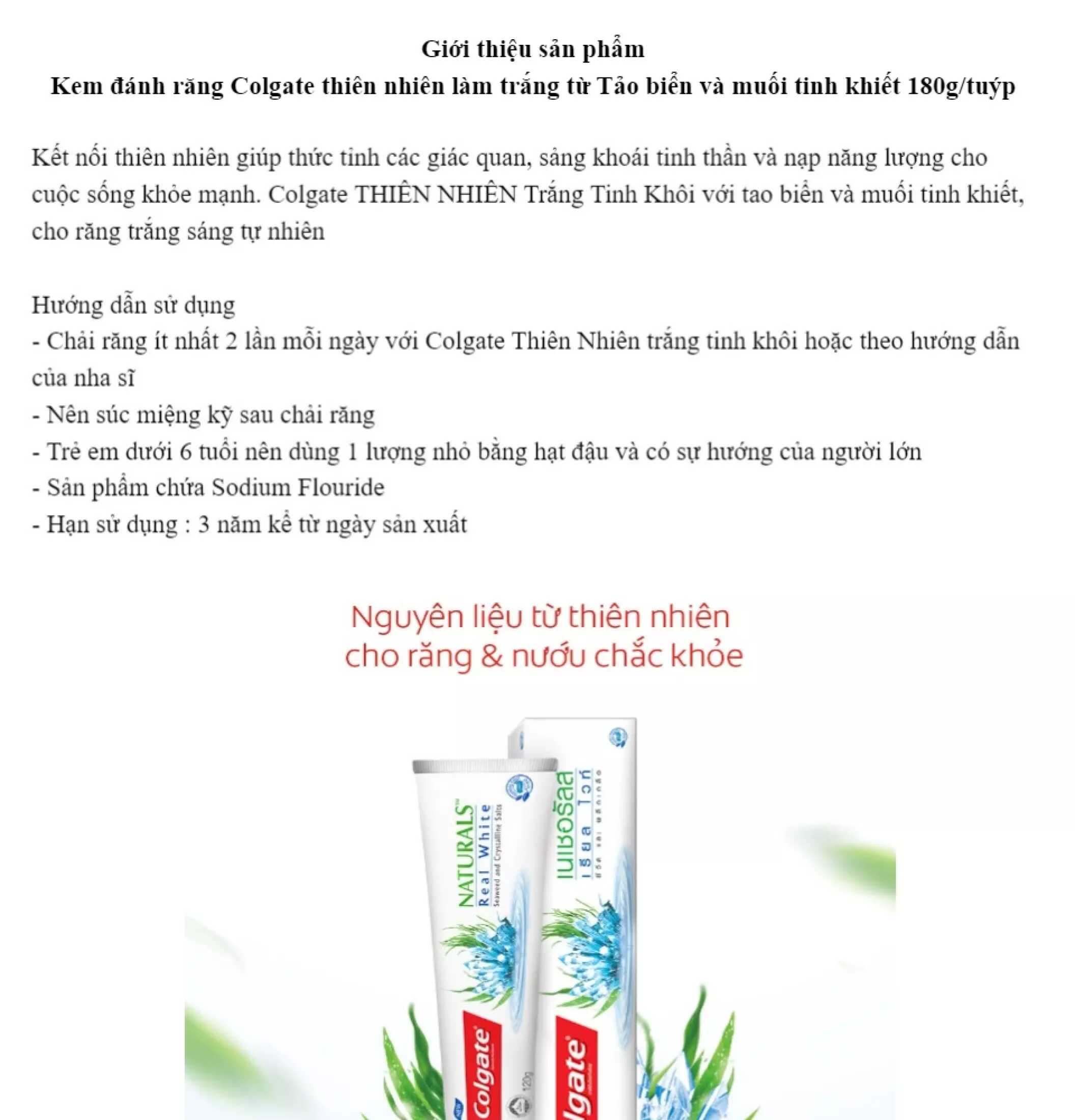 Kem đánh răng Colgate Thiên nhiên Tảo biển và Muối tinh khiết 180g