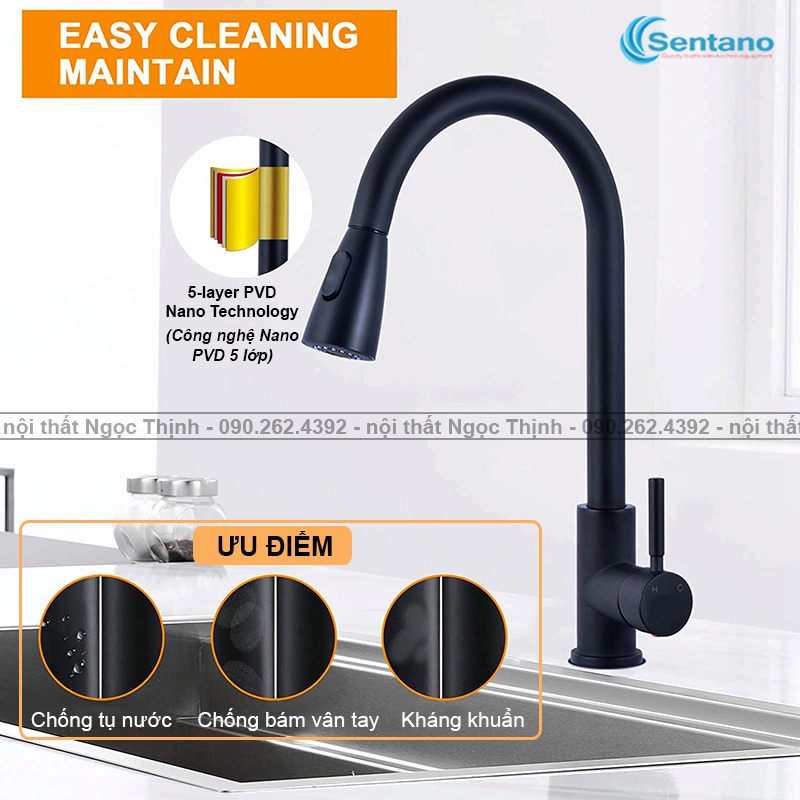 Vòi rửa chén bát Nóng Lạnh kiểu Dây Rút Nano đen 5 lơp chống trầy xước