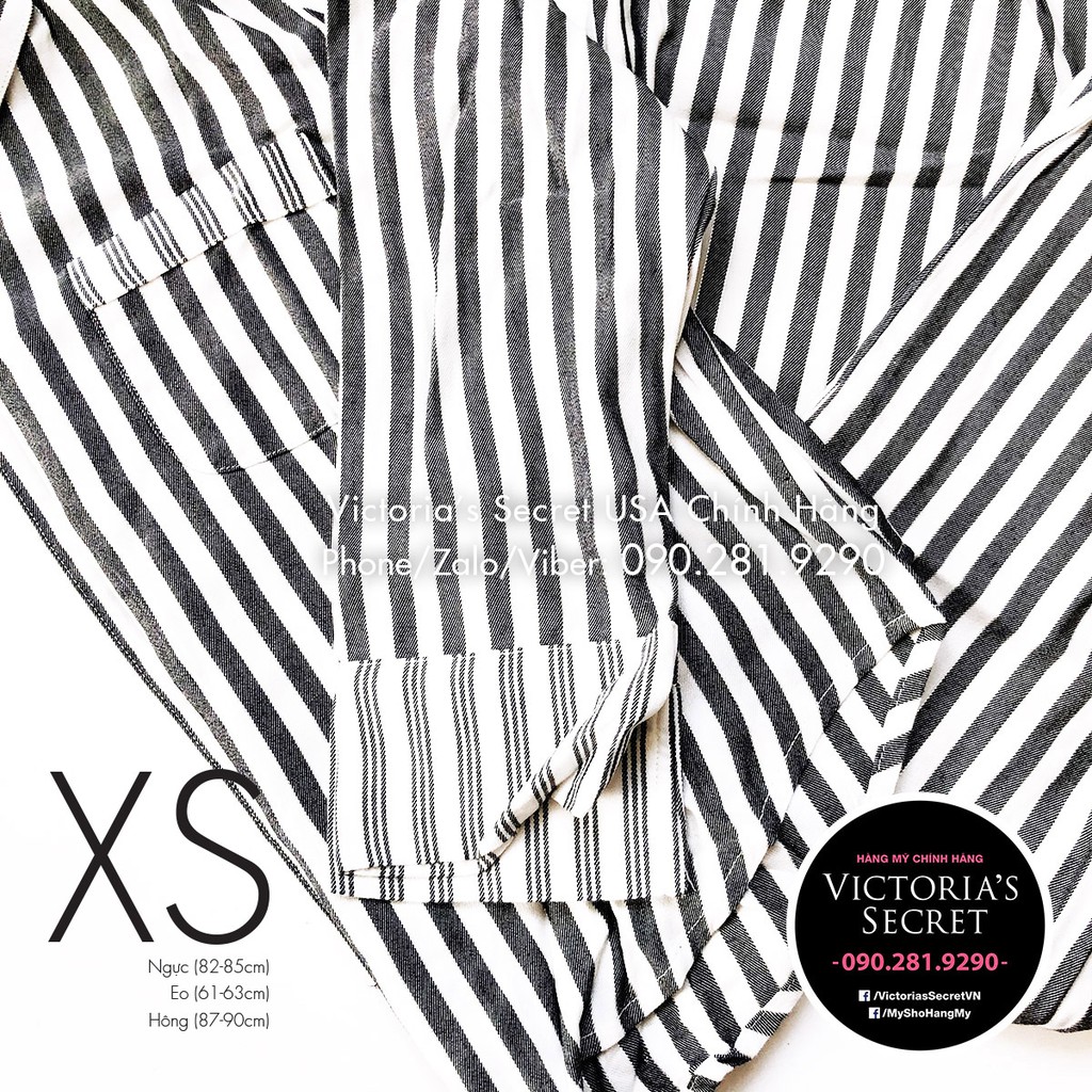 (Size XS) - Bộ đồ ngủ dài (15) sọc trắng đen, chất vải Flannel, Grey White Stripe -  Mỹ