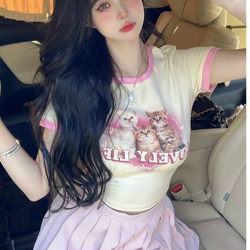 Áo croptopy borip phối viền in mèo cute