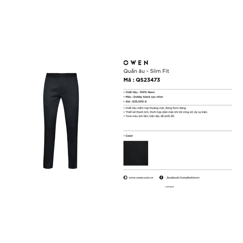 OWEN - Quần âu nam SLIMFIT  màu navy kẻ ô chìm 100% Nano co dãn nhẹ 23471 - Quần tây nam