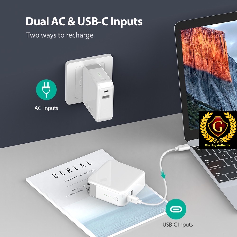Pin sạc dự phòng KIÊM Củ sạc tường RAVPOWER RP-PB101 2-in-1 5000mAh PD 3.0 18W & QC 3.0 18W