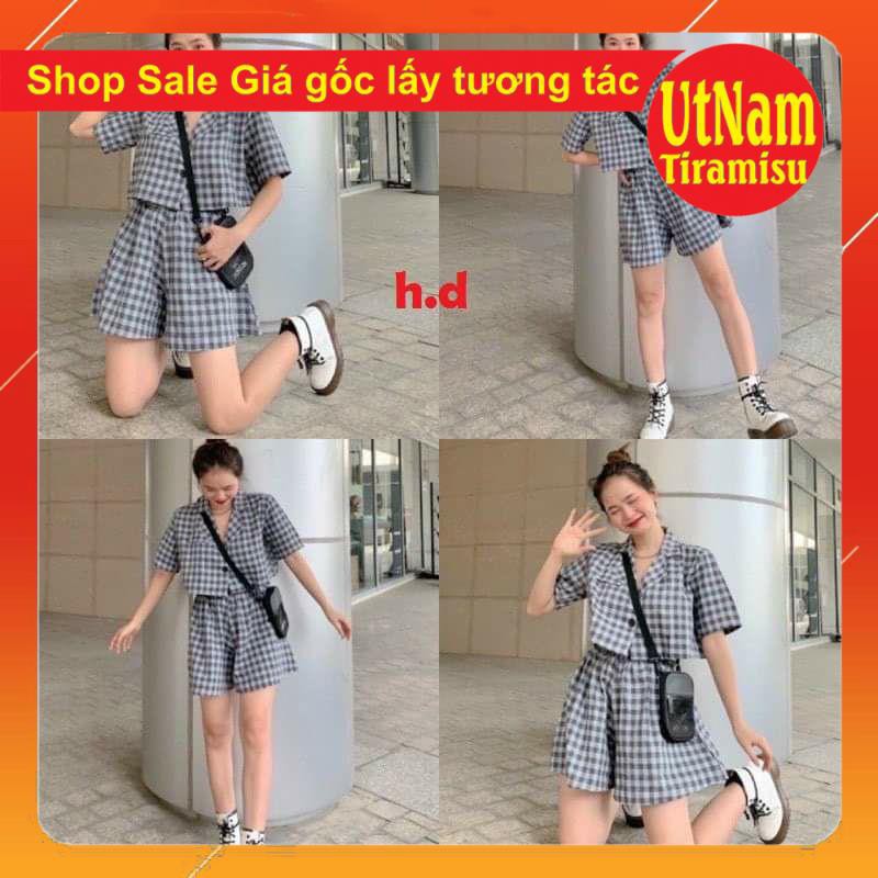 ( Ảnh thật và video shop tự quay) Sét váy nữ hai món gồm áo croptop kẻ + quần giả váy dáng ngắn form thụng unisex giá rẻ