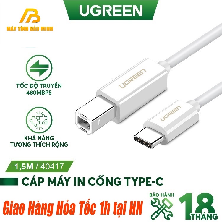 Cáp Máy In USB Type C Dài 1,5m Ugreen 40417 - Hàng Chính Hãng Bảo Hành 18 Tháng