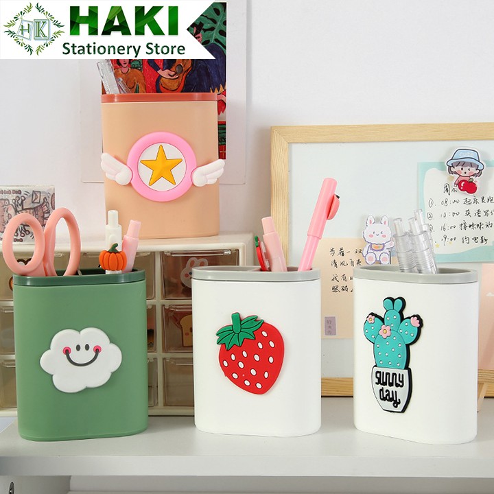 Ống cắm bút 2 ngăn HAKI, ống cắm bút đa năng đựng bút phụ kiện văn phòng phẩm OB02