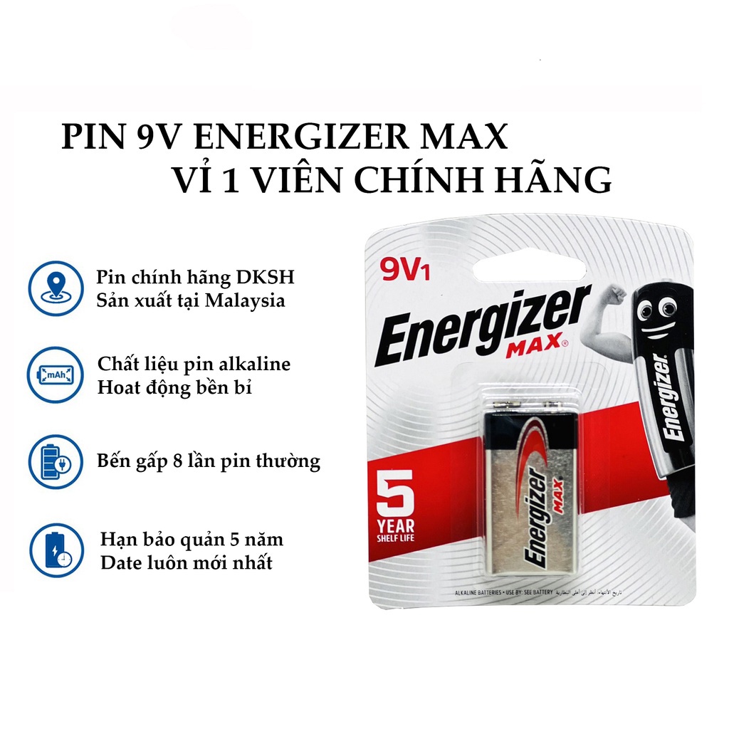 Pin 9V Energizer ( Pin Vuông 9V ) 6LF22 - Hàng Chính Hãng (Vỉ 1 viên)