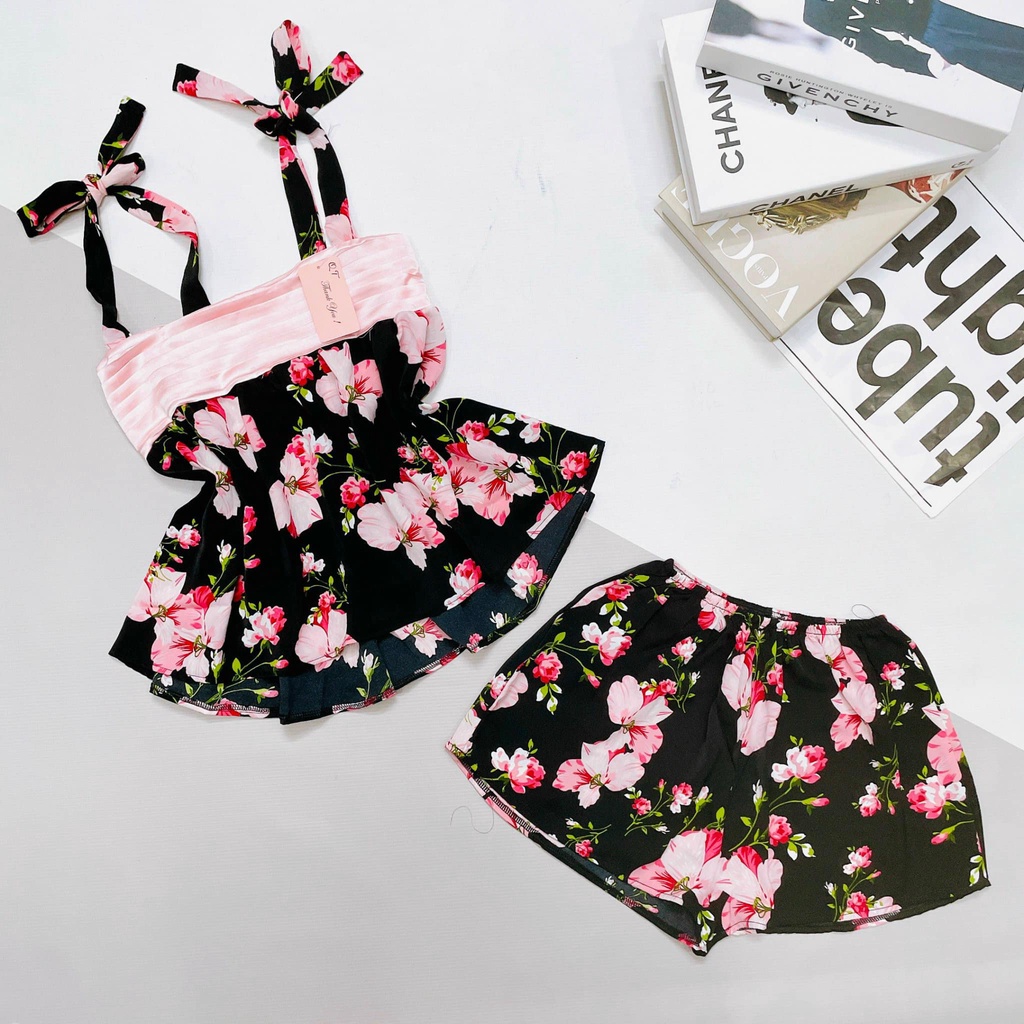 Đồ ngủ sexy nữ 2 dây bản to thắt nơ ngực xếp li, bộ ngủ hai dây, đồ bộ mặc nhà chất lụa mát mềm mại gợi cảm [DN57]