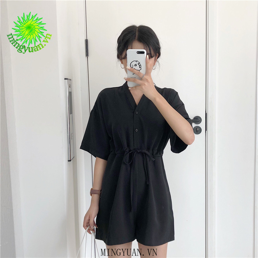 ( Mingyuan ) New retro black casual jumpsuit women loose V-neck short jumpsuit