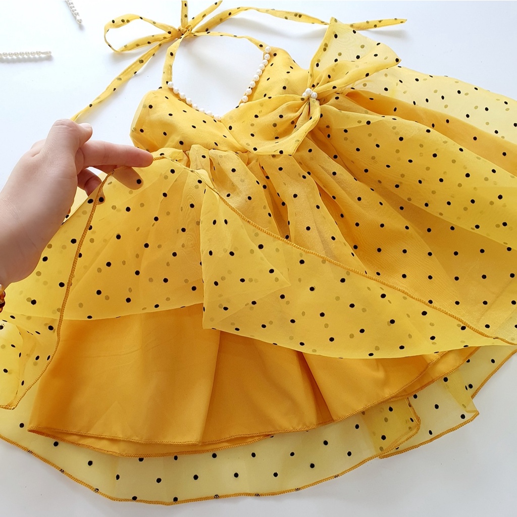 Set váy yếm 2 dây công chúa vàng chấm bi đen cho bé gái sơ sinh 1 2 3 4 tuổi MINTSCLOSET Mint's Closet - GS1092 - s1088