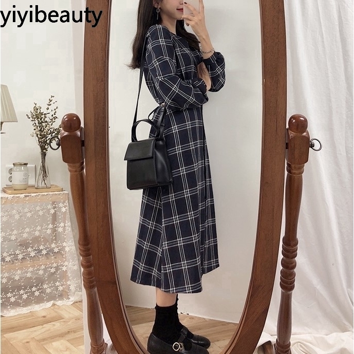 Đầm tay dài họa tiết sọc caro phong cách Hàn thời trang xinh xắn cho nữ | BigBuy360 - bigbuy360.vn