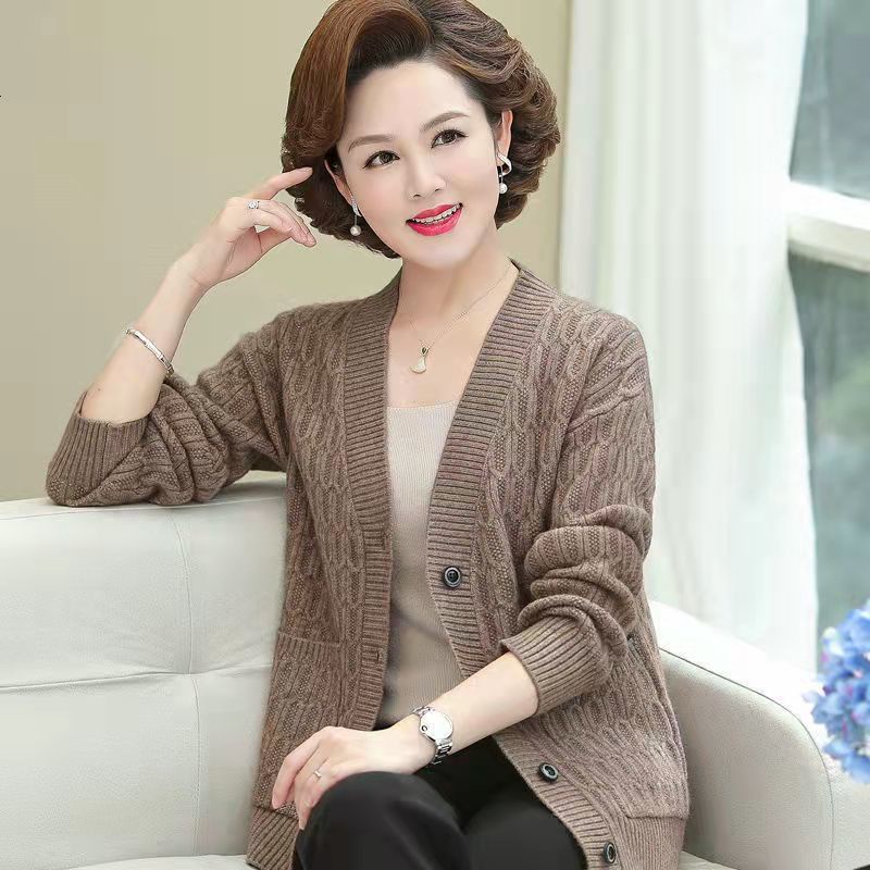 Áo len dệt kim phong cách phương tây của phụ nữ trung niên và cao tuổi, mùa xuân và mùa thu gửi mẹ áo len cardigan dáng