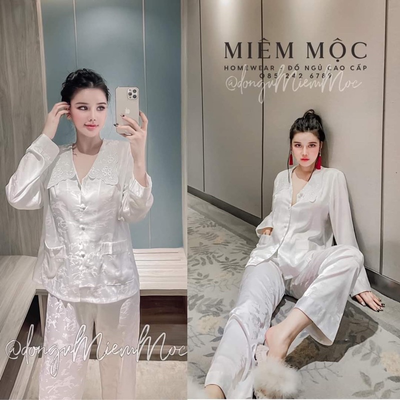 Đồ bộ pijama - bộ lụa mặc nhà gấm phối latin thêu siêu sang