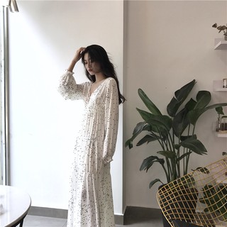 Đầm ulzzang maxi cổ V chấm bi chun eo - u.w