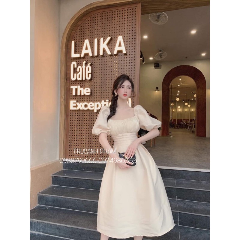 [ HÀNG CAO CẤP ]Đầm cổ vuông tay phồng xếp li eo thiết kế dự tiệc sang trọng | BigBuy360 - bigbuy360.vn