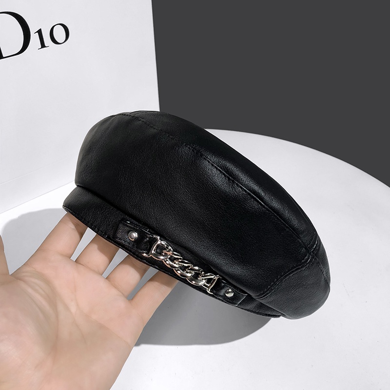 Mũ Beret da phối dây xích phong cách Retro anh quốc