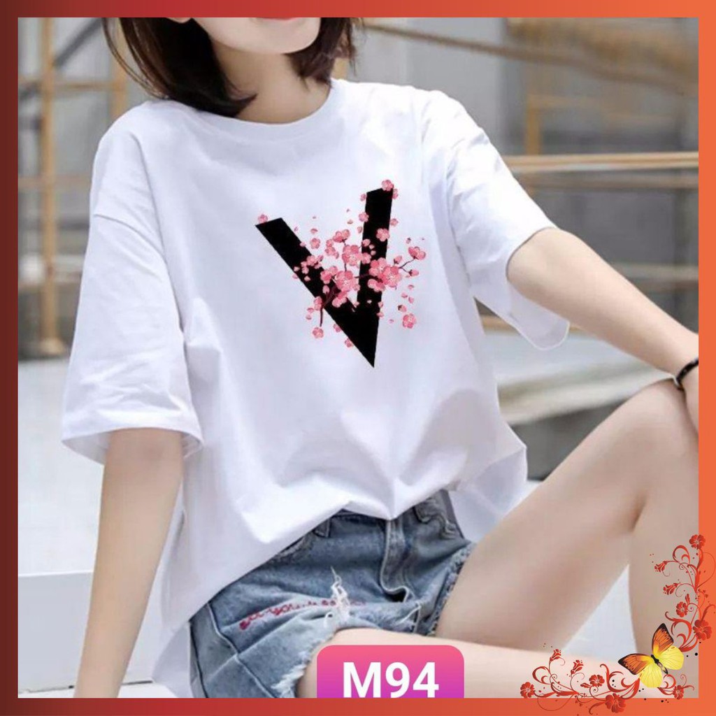 Áo Thun Trắng Nữ ⚡FREESHIP⚡ Áo phông nữ thun cotton, mịn, mát, sành điệu in chữ V M94