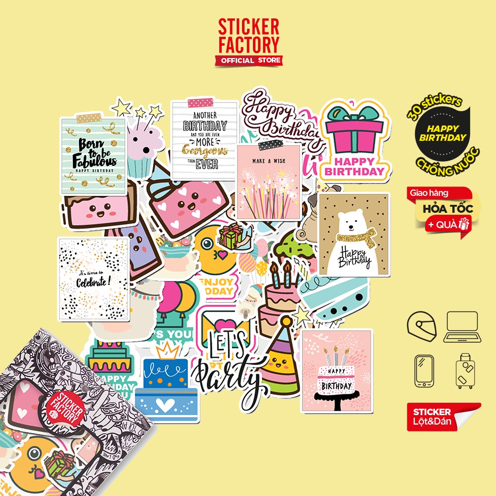 Hộp set 30 sticker decal hình dán nón bảo hiểm , laptop, xe máy, ô tô STICKER FACTORY - Happy birthday