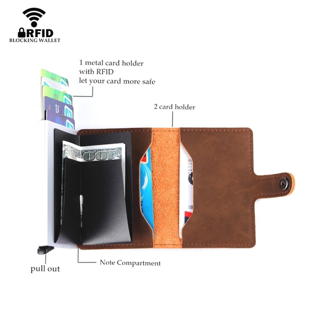 Leather Mens Aluminum Wallet RFID Blocking Mini Magic Wallet Automatic Credit Card Coin Purse