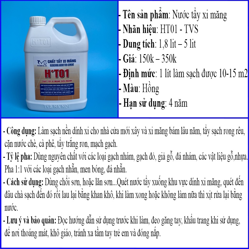 Nước tẩy xi măng HT01 can 1.8 lit, tẩy ron gạch loại mạnh nhất tặng 2 pad chà rửa, tẩy rong rêu cũ bẩn, đất cát, gỉ sét