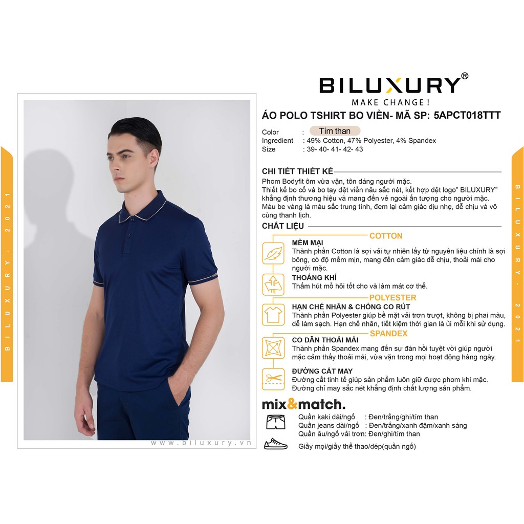 Áo polo nam thun cổ bẻ Biluxury form bodyfit ôm vừa lịch lãm nhiều màu 5APCT018