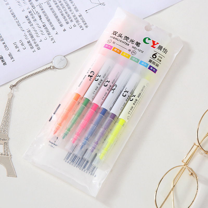 Bút Đánh Dấu Highlight Thiết Kế Hai Đầu Gồm 6 Màu Sắc Tùy Chọn