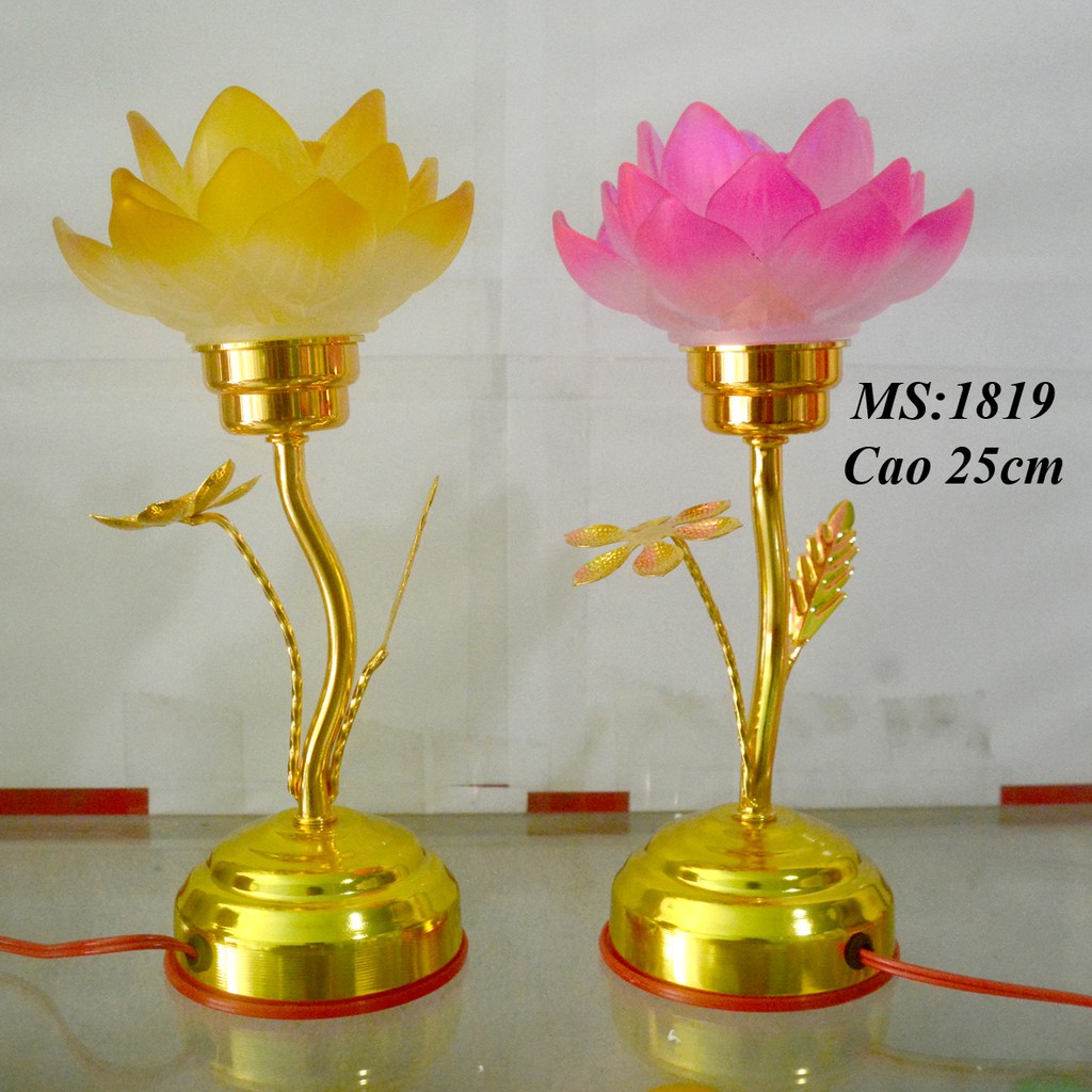 Cặp Đèn lưu ly điện lá hợp kim tự động đổi 7 màu thờ cúng bàn thờ