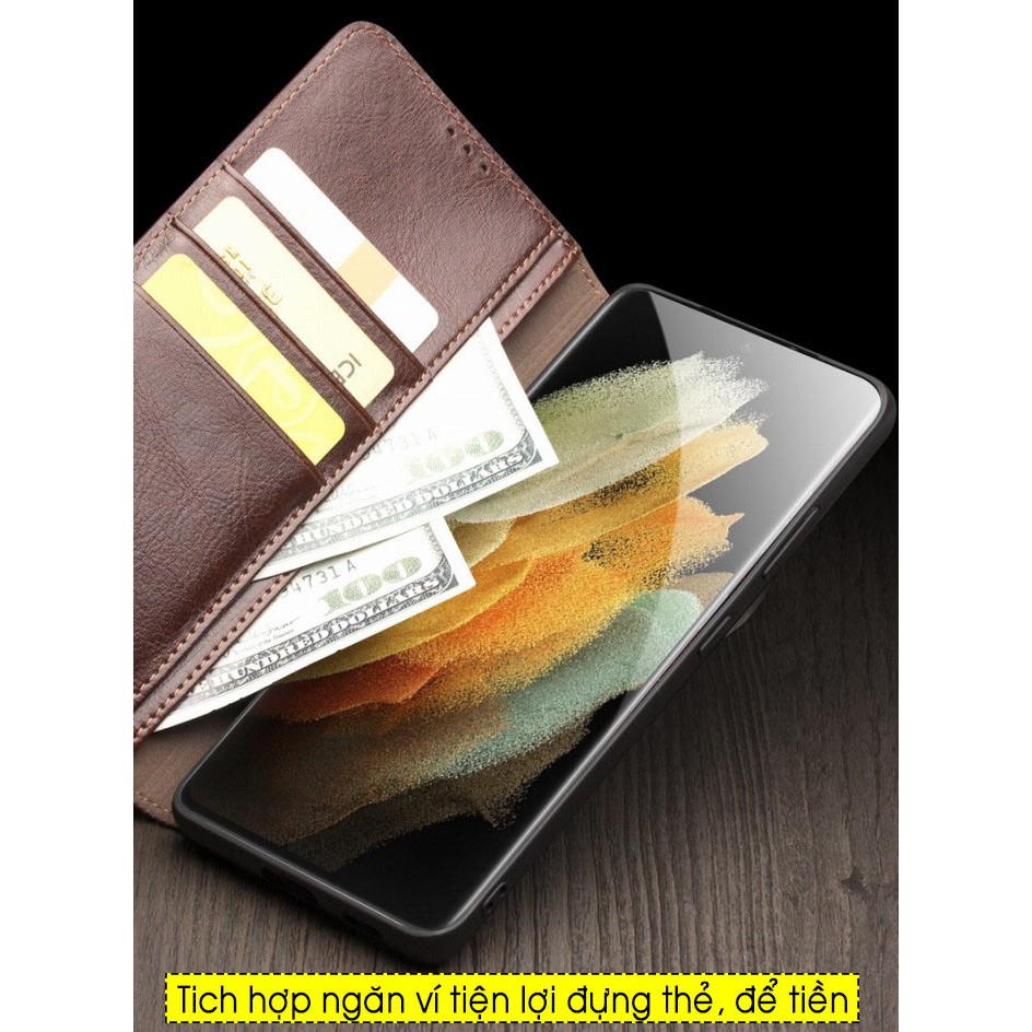 Bao da Samsung S21 Ultra 5G Qlino Wallet da bò thật - Hàng Chính Hãng.