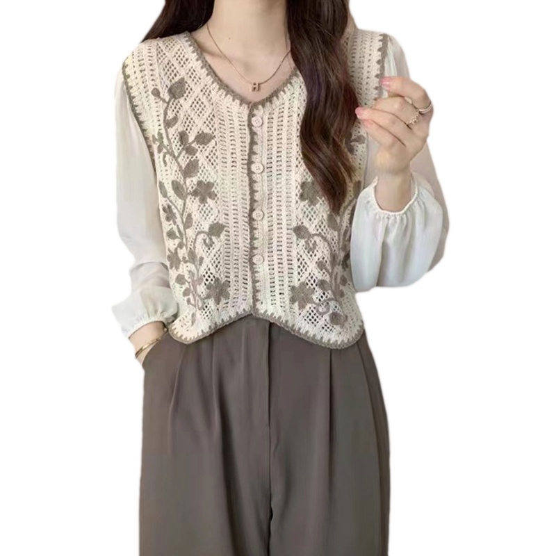 Áo Sơ Mi Chiffon Dài Tay Cổ Chữ V Thêu Hoa Phong Cách Pháp