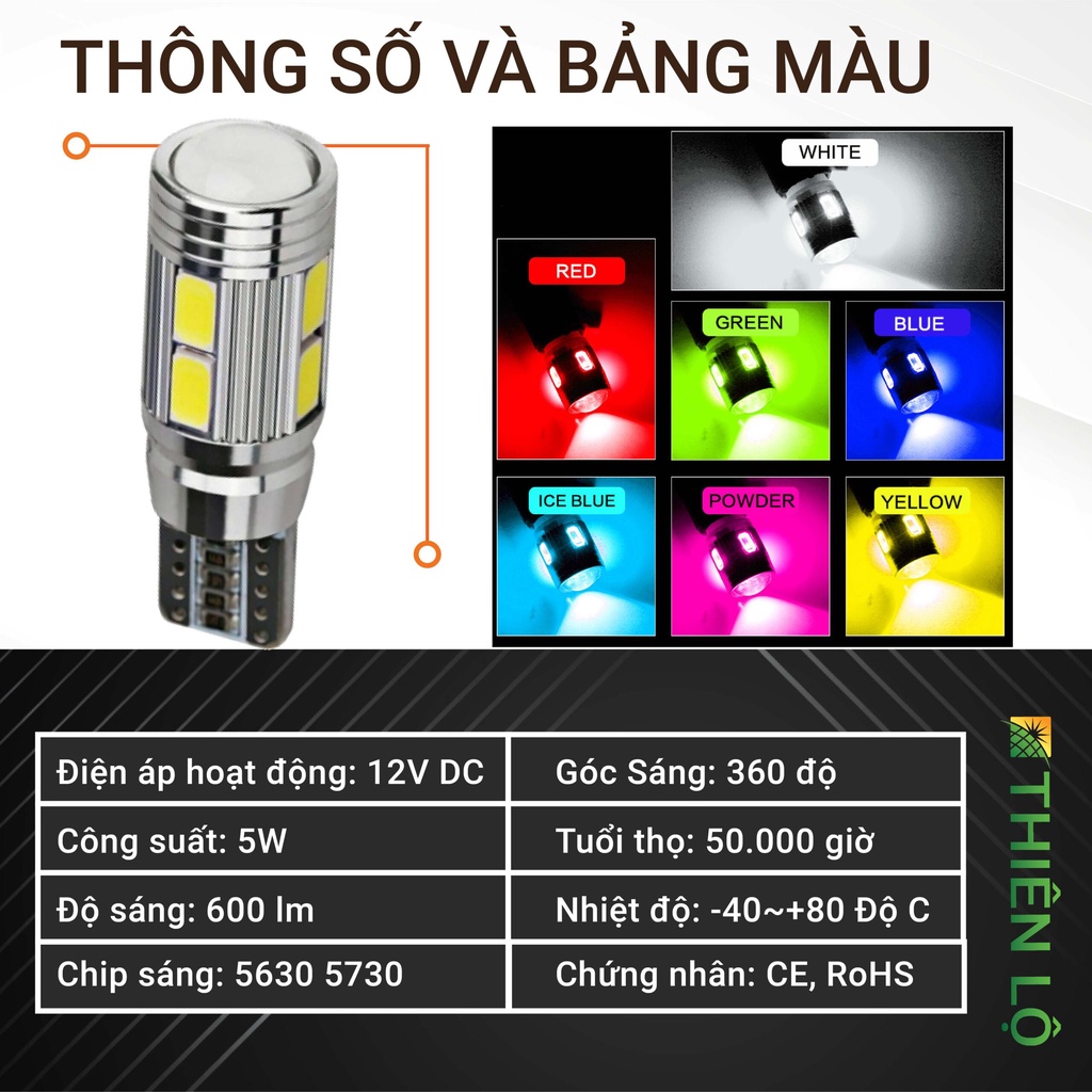 Đèn led demi, xi nhan thấu kính siêu sáng T10 10SMD 5630 W5W cho ô tô, xe máy