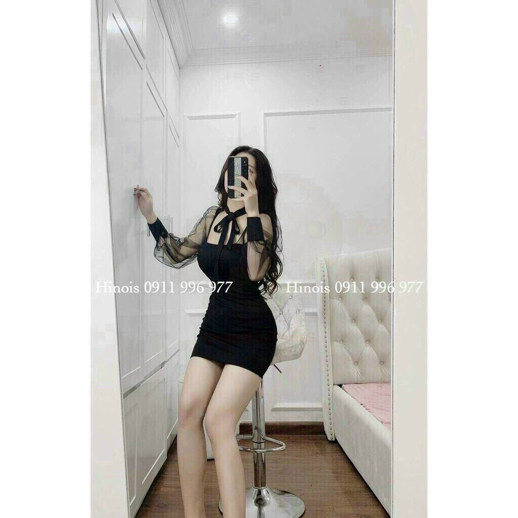 [ Miễn phi ship 2022 ] Đầm thun dáng ôm phối tay lưới cực xinh, đầm body cột nơ cổ sexy đi tiệc , dạo phố siêu sang