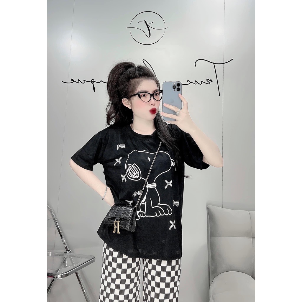 Set bộ áo thun in hình gấu chó + quần ống suông, set áo from rộng quần kẻ caro,bộ quần dài mặc đi chơi mặc nhà siêu xinh