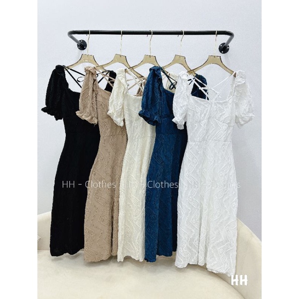 Váy xốp hoa nổi tay bồng dây chéo