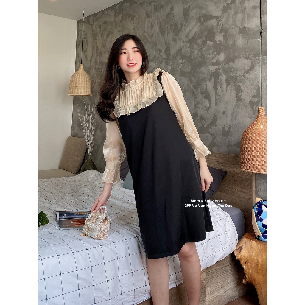 EVERMOM | Đầm bầu tiểu thư tay bo phồng cổ bèo