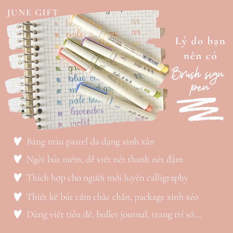 Bút soft brush sign pen màu pastel viết calligraphy, bullet journal, trang trí sổ