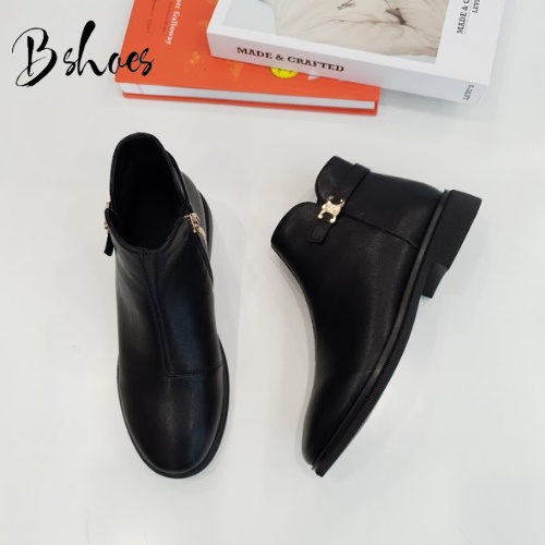 Giày boot nữ da mềm 2021 B SHOES, boot thấp cổ lót nỉ khóa kéo, mũi tròn, đế bệt, kiểu dáng hiện đại trẻ trung B26