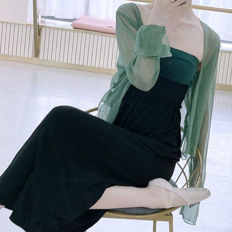 Áo Khoác Cardigan Tay Loe Dài Bằng Lụa Lạnh Mỏng Nhẹ Che Phủ Phía Trước Cho Nữ