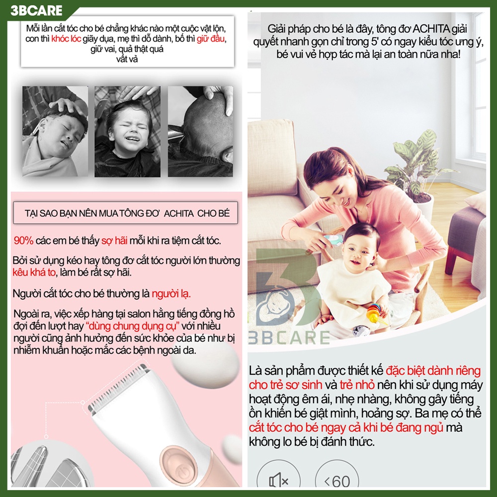 Tông đơ cắt tóc cho bé ACHITA lưỡi cắt gốm không gỉ, chống giật tóc, chống ồn