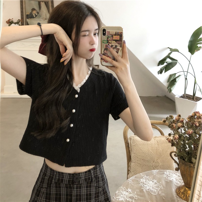 Áo cardigan ZHELIHANGFEI dệt kim tay ngắn cổ chữ V phối ren thời trang xinh xắn cho nữ