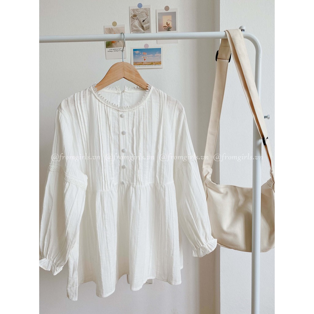 Áo babydoll dài tay xếp ly ngực cúc bọc tay chun vintage - BBD05FG BROWN