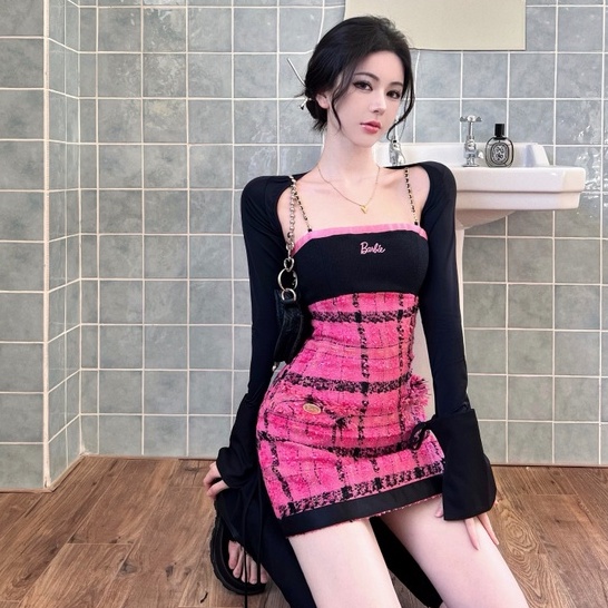 Bộ Đầm Hai Dây Ôm Dáng + Áo Khoác Cardigan Ngắn Tay Dài Chống Nắng Phối Màu Tương Phản Thời Trang Thu Đông Hàn Quốc Cho Nữ