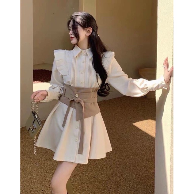 Đầm sơ mi bèo cổ nude đai bụng,đầm nữ tay dài hàn quốc siêu xinh